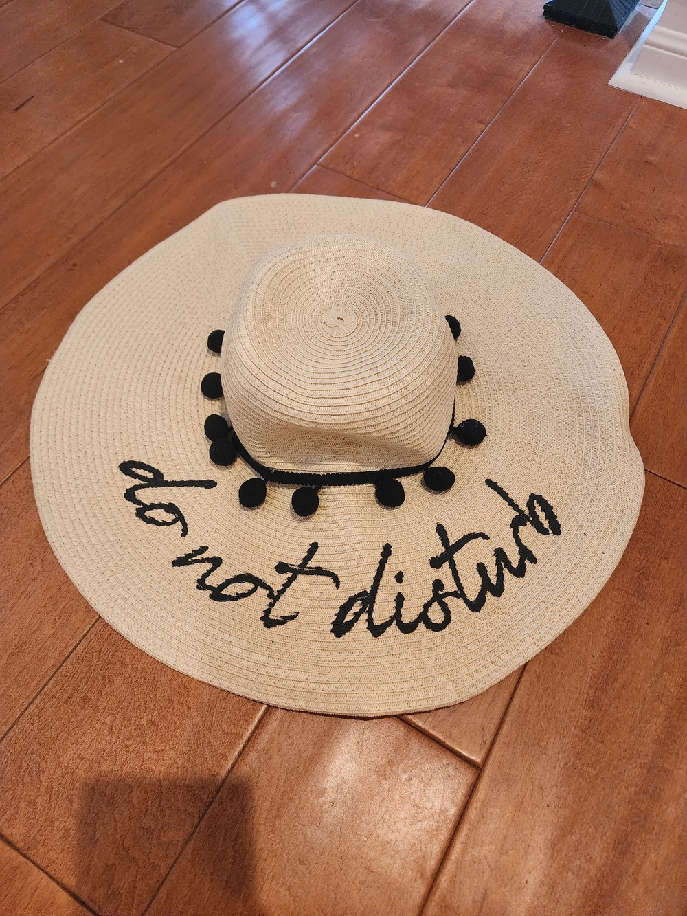 Wide Brim Straw Sun Hat with 'do not disturb' Script - Black Trim